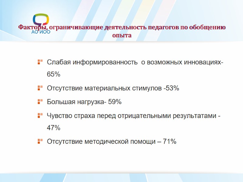 Факторы, ограничивающие деятельность педагогов по обобщению опыта  Слабая информированность  о возможных инновациях-65%